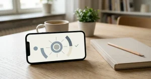 Mobiltelefon och anteckningsblock på ljust bord med neutral verifieringsvy