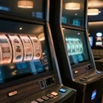 Närbild av belysta spelautomatpaneler i en stillsam spelmiljö
