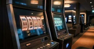 Närbild av belysta spelautomatpaneler i en stillsam spelmiljö