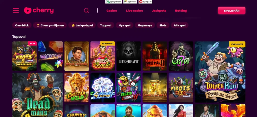 Skärmbild av Cherry Casinos spelkatalog med kategorier för slots och utvalda spel