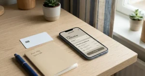 Mobiltelefon och bankkort på ett neutralt bord med anteckningsblock